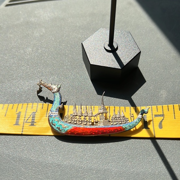 Antique Enamel over Silver Dragon Boat Pin - Picture 7 of 8